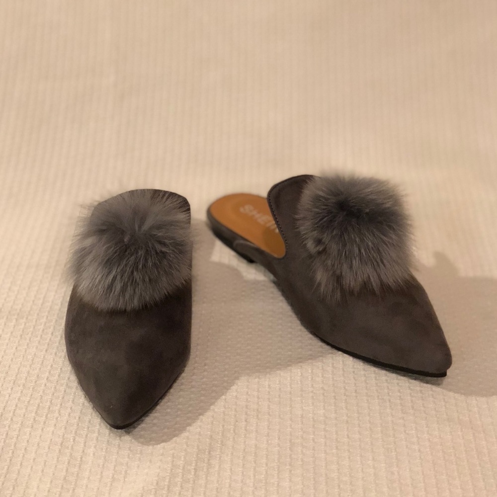 Pom Pom Grey Flat Mules
